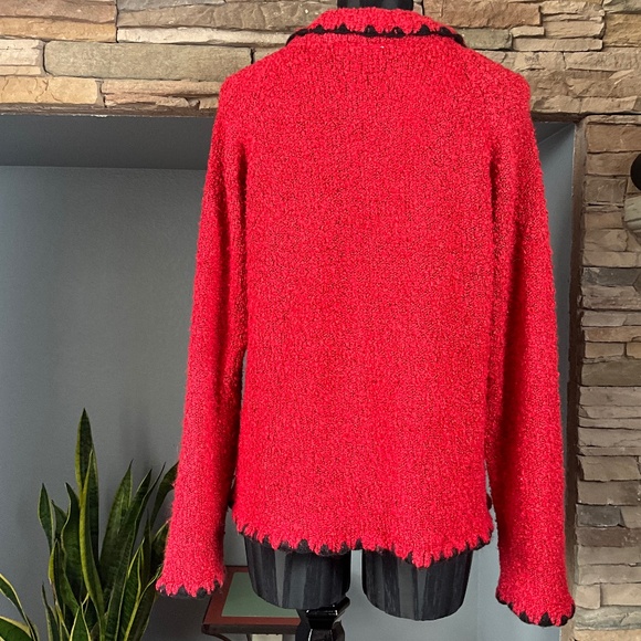 Soft Cozy Boucle Knit Pop of Red Cardigan Sweater Art to Wear Funky Quirky L - Picture 6 of 9